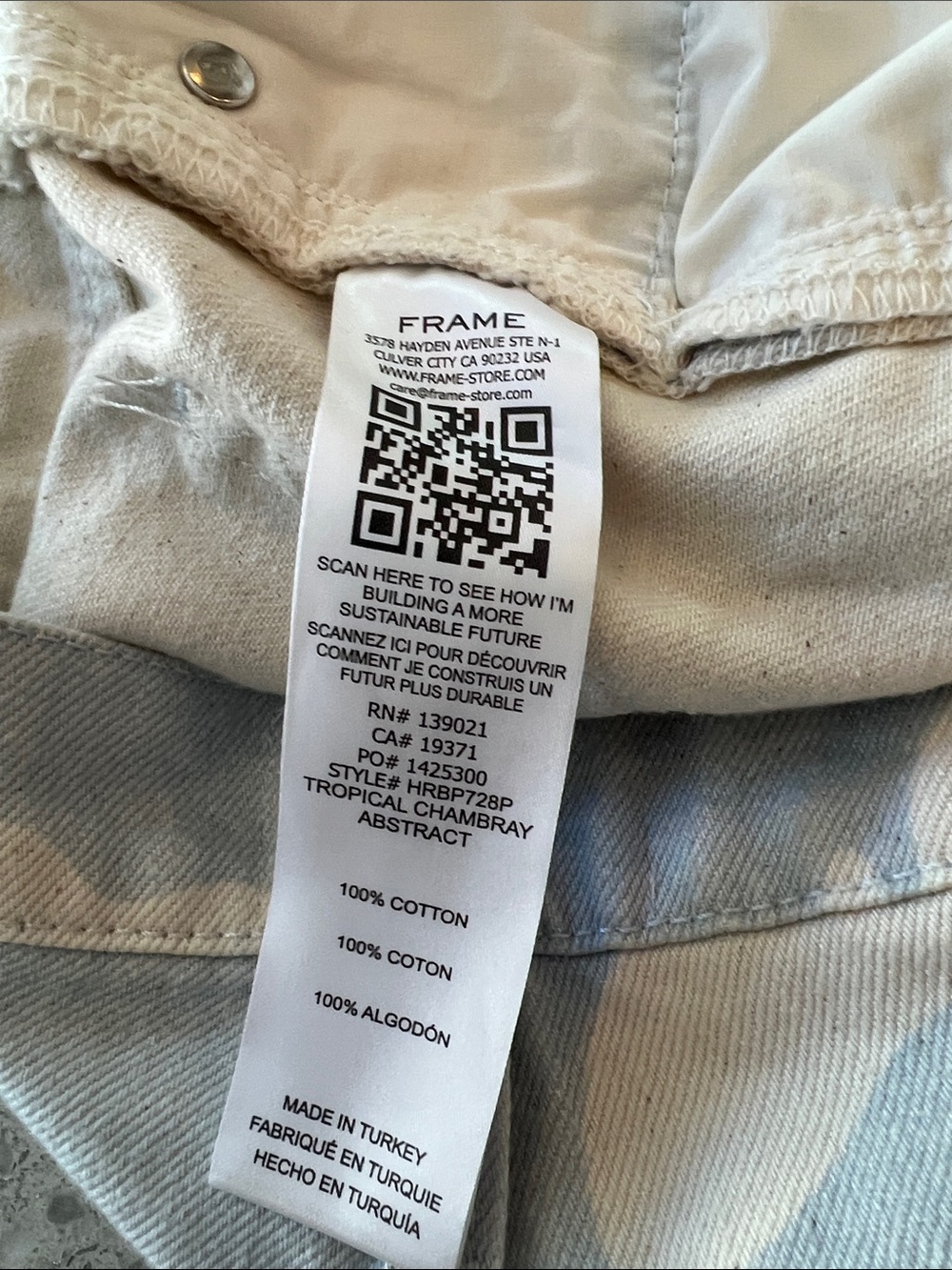 NWOT FRAME High Rise Baggy Wide Leg Jeans Tropical Chambray Abstract Size 25 - Picture 6 of 6